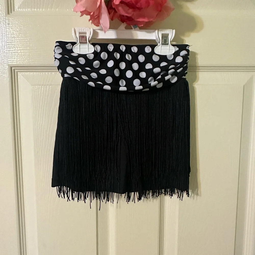 Girls Revolution Black Fringe Polka Dot Waist Skirt costume with Gloves   Size M